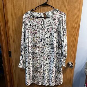 H&M Flounce Sleeved Boho Shift Dress Floral Butterfly Bird Women's Size 12